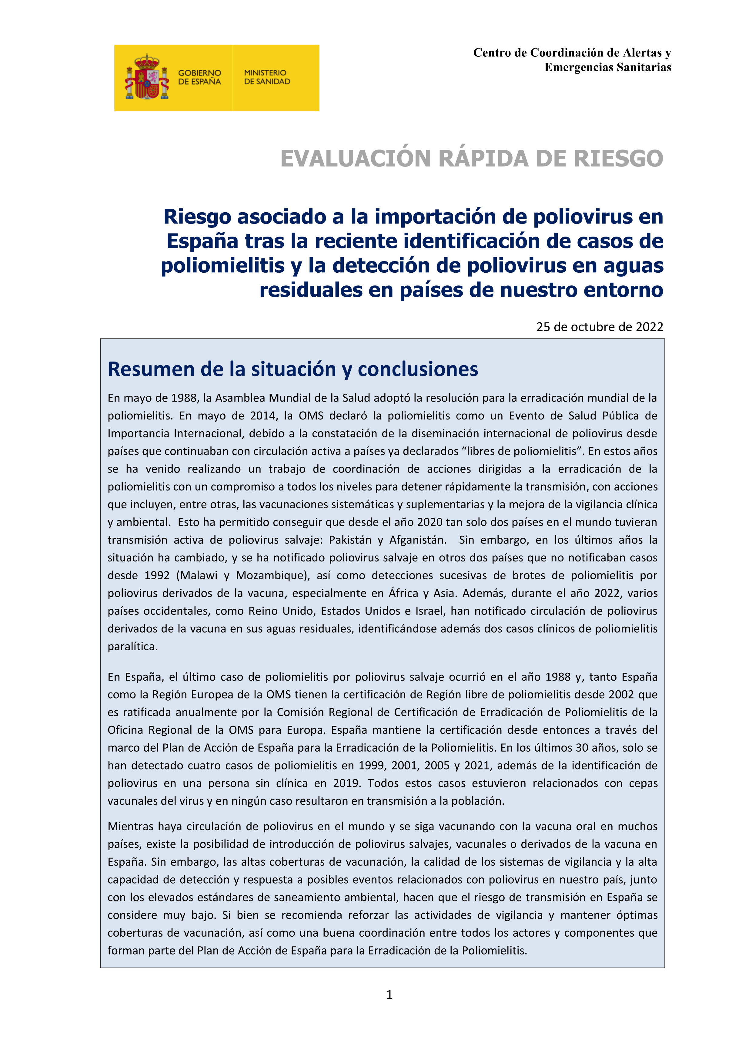 Riesgo asociado a la importación de poliovirus en España tras la reciente identificación de casos de poliomielitis y la detección de poliovirus en aguas residuales en países de nuestro entorno